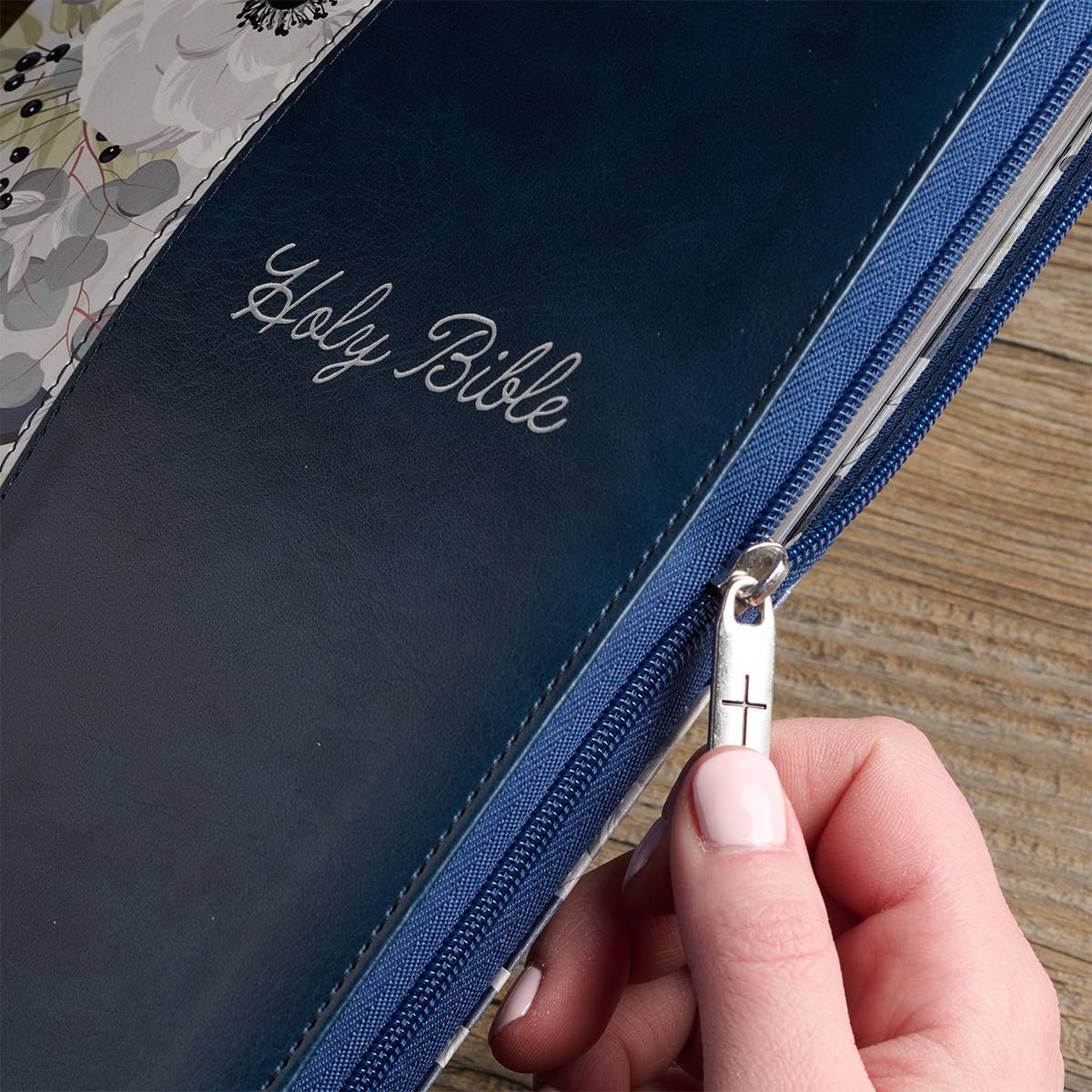 Blue Pearlized Floral Faux Leather King James Bible - Adult